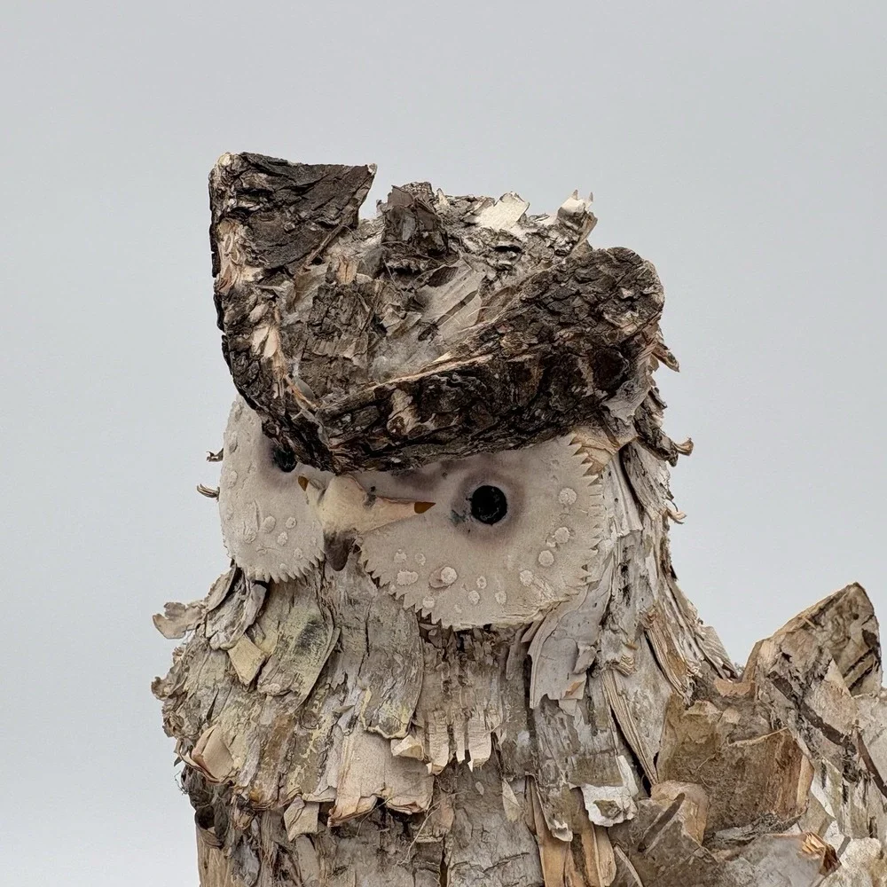 Handmade Owl Figurine Tree Bark Chips Papier-Mâché Mixed Materials Nature Vtg 9